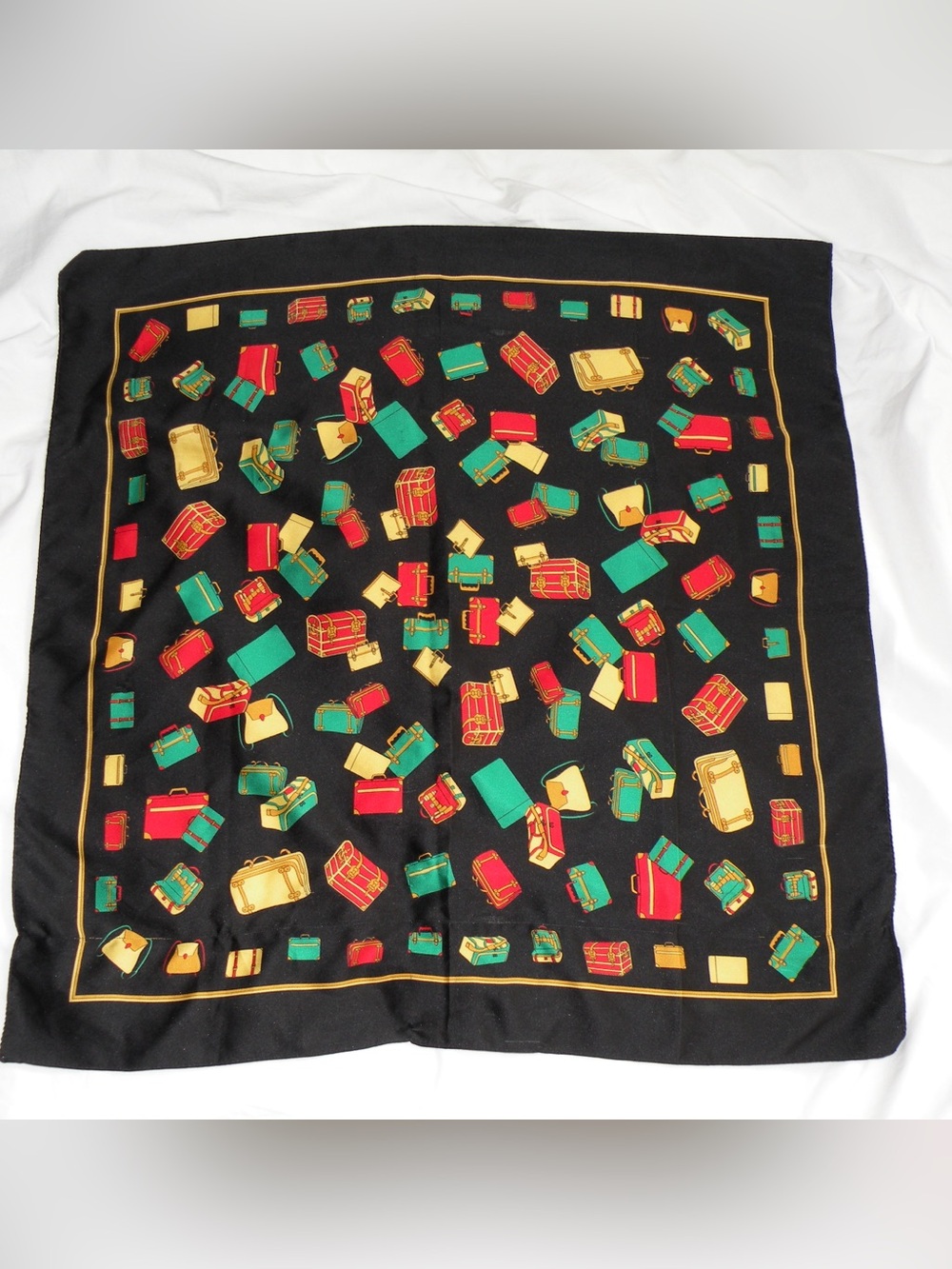 Luxury Black Holiday Scarf with Red, Green & Gold Luggage Motif